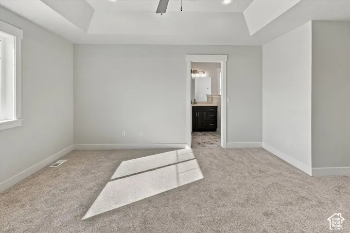 Tray ceiling, neutral wall tones, carpeted flooring, and recessed lighting