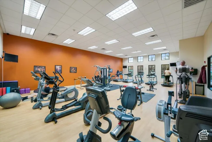 Fitness center featuring light wood-finish flooring, recessed fluorescent lighting, multi-pane windows, and a large accent wall