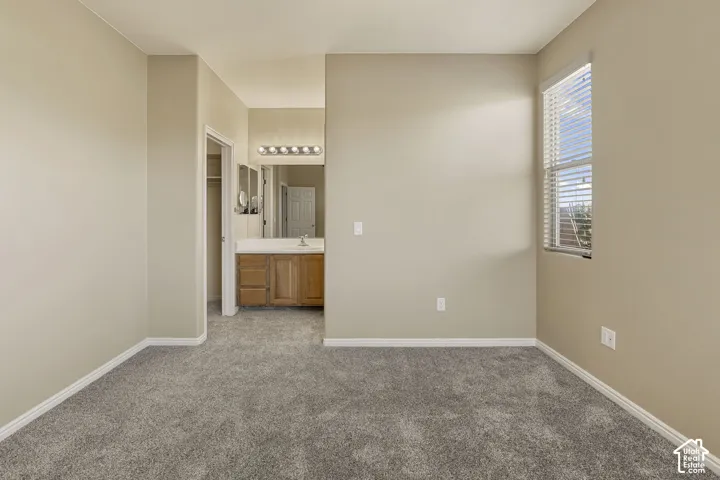 Neutral-toned interior space featuring plush carpeting, a single vertical window with blinds, and a built-in bathroom vanity with a multi-bulb light fixture