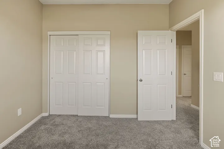 Neutral wall paint, plush carpeting, sliding closet doors, and interior solid-core doors with brushed metal hardware