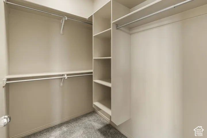 Walk-in storage space featuring custom built-in shelving, dual-tier metal garment rods, and wall-to-wall carpeting