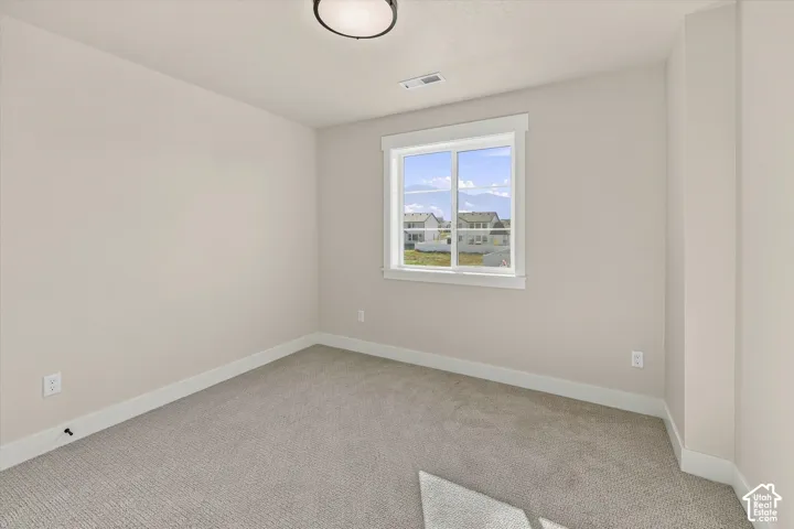 Neutral-toned room featuring wall-to-wall carpeting, a dual-pane sliding window, and a flush-mount overhead light fixture