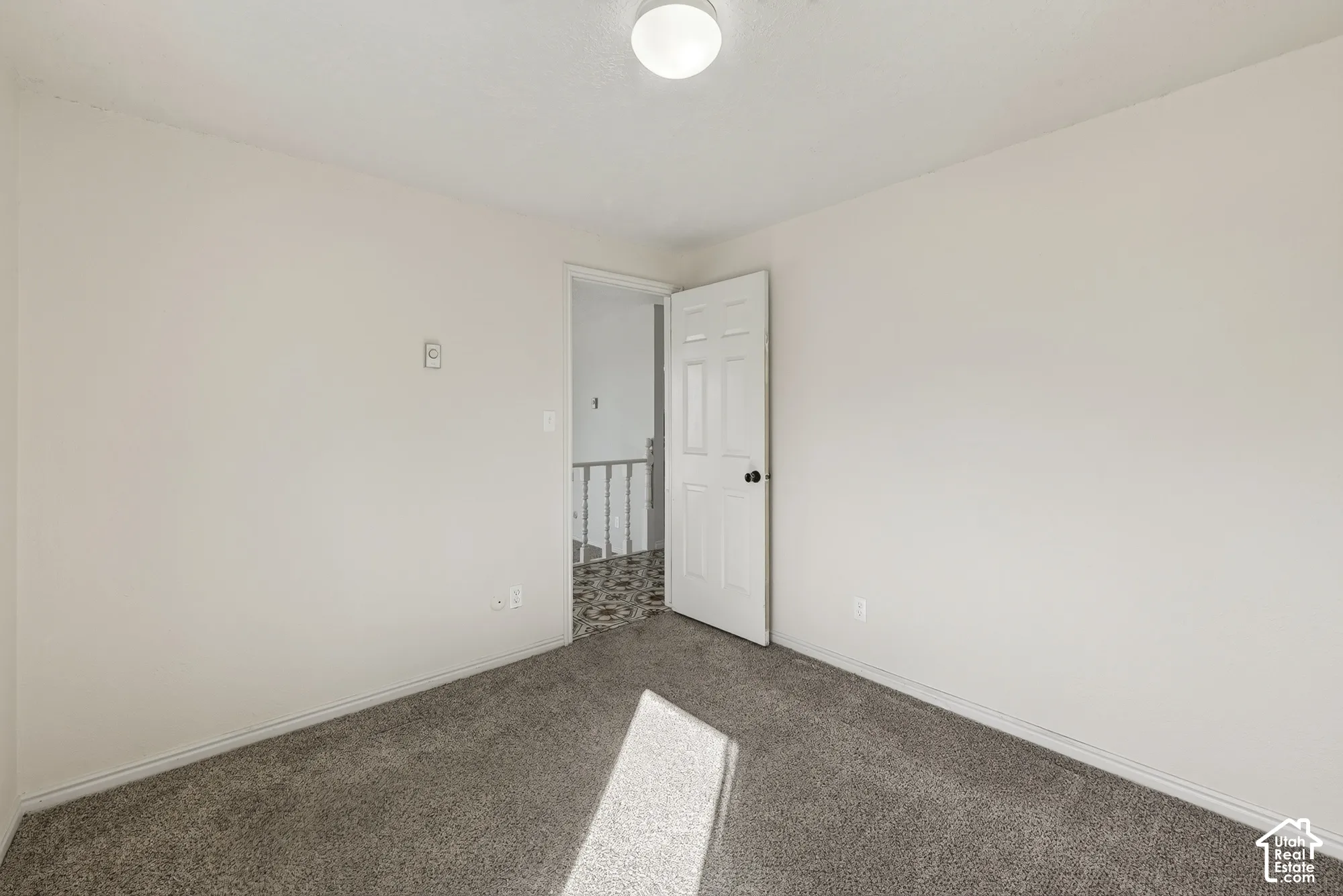 Neutral-toned wall finish, wall-to-wall carpeting, flush-mount ceiling light, and six-panel interior door