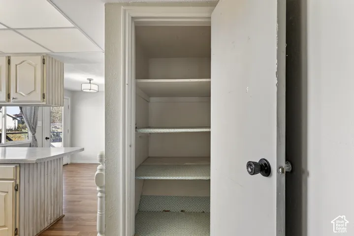 Built-in storage closet featuring three interior shelves, wood-finish cabinetry, and a countertop surface