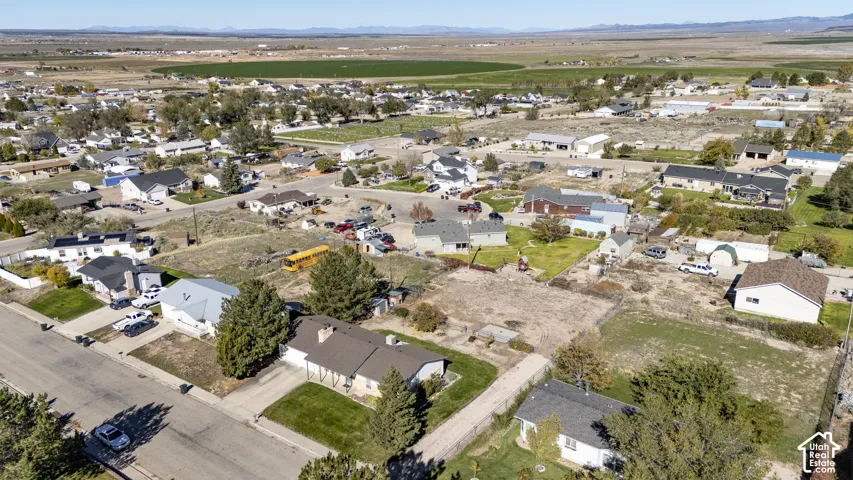 Aerial perspective featuring expansive residential lots, mature trees, paved street infrastructure, and distant mountain topography