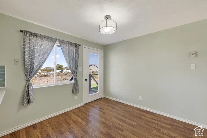 Interior space featuring wood-finish flooring, neutral wall paint, a glass-panel exterior door, and a multi-light drum ceiling fixture