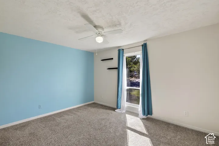 Room featuring a ceiling fan with integrated lighting, neutral wall-to-wall carpeting, and a vertical window