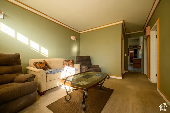 Room featuring painted walls, ceiling crown molding, and wall-mounted light fixtures