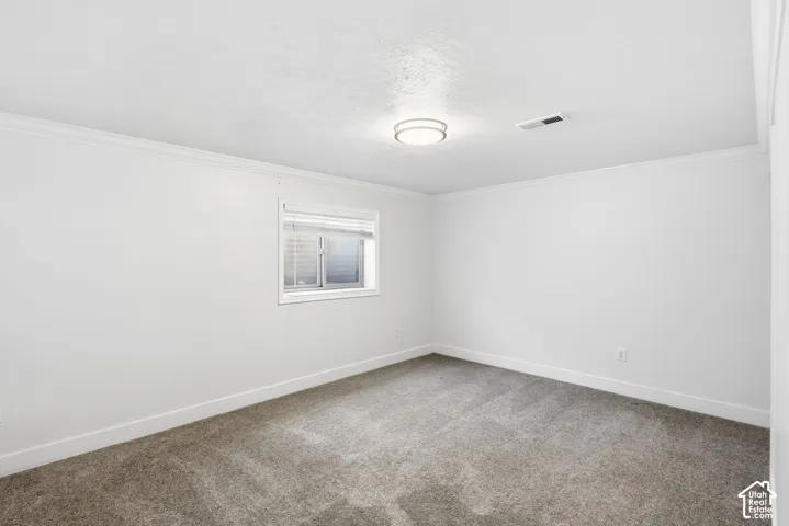 Neutral-toned carpeting, crisp white walls, crown molding, and a flush-mount overhead light fixture