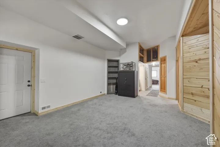 Interior space featuring wall-to-wall carpeting, wood-paneled wall accents, recessed built-in shelving, and flush-mount lighting