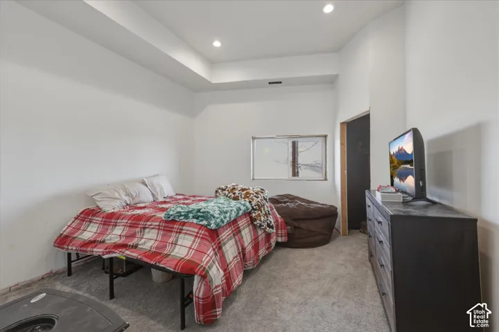 Room featuring a recessed tray ceiling, neutral wall tones, carpeted flooring, and recessed lighting