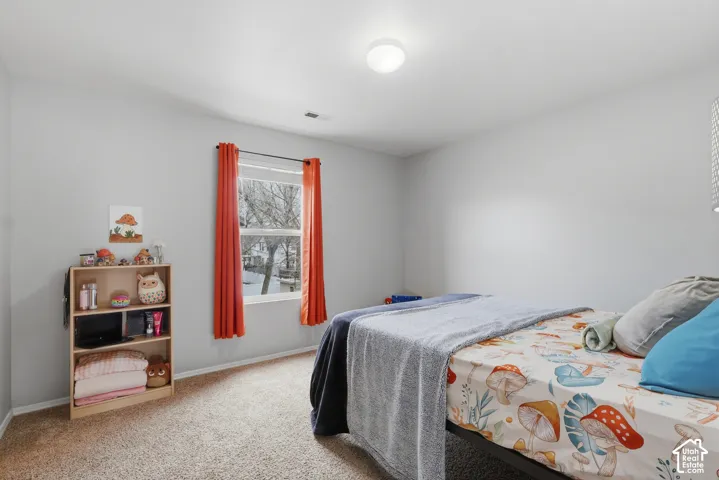 Neutral-toned walls, wall-to-wall carpeting, and a single-pane window with a curtain rod fixture