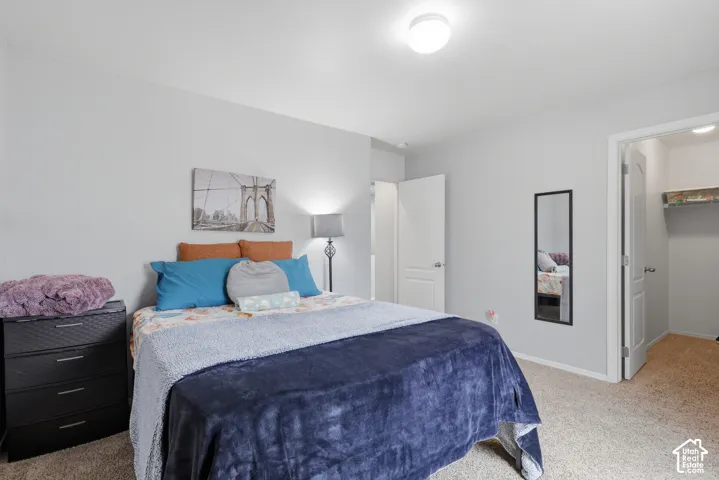 Neutral-toned interior space featuring wall-to-wall carpeting, a flush-mount ceiling light fixture, and a walk-in closet with built-in shelving