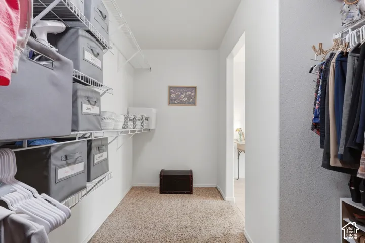 Walk-in storage space featuring multi-level white wire shelving and neutral wall-to-wall carpeting