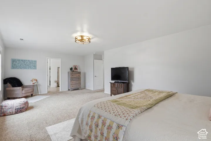 Neutral interior featuring wall-to-wall carpeting and a decorative flush-mount ceiling light fixture