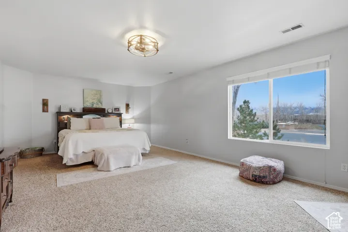Huge Primary Suite. Spacious room featuring carpeting, a large picture window, a built-in headboard with integrated lighting, and a circular cage-style ceiling light fixture