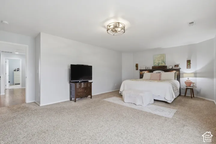 Neutral wall coloring, carpeted flooring, and a decorative circular drum ceiling light fixture