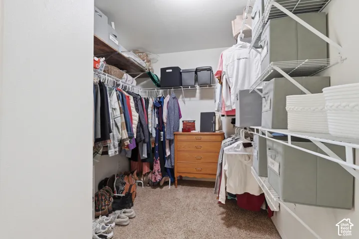 Walk-in closet featuring multi-tiered wire shelving and wall-to-wall carpeting