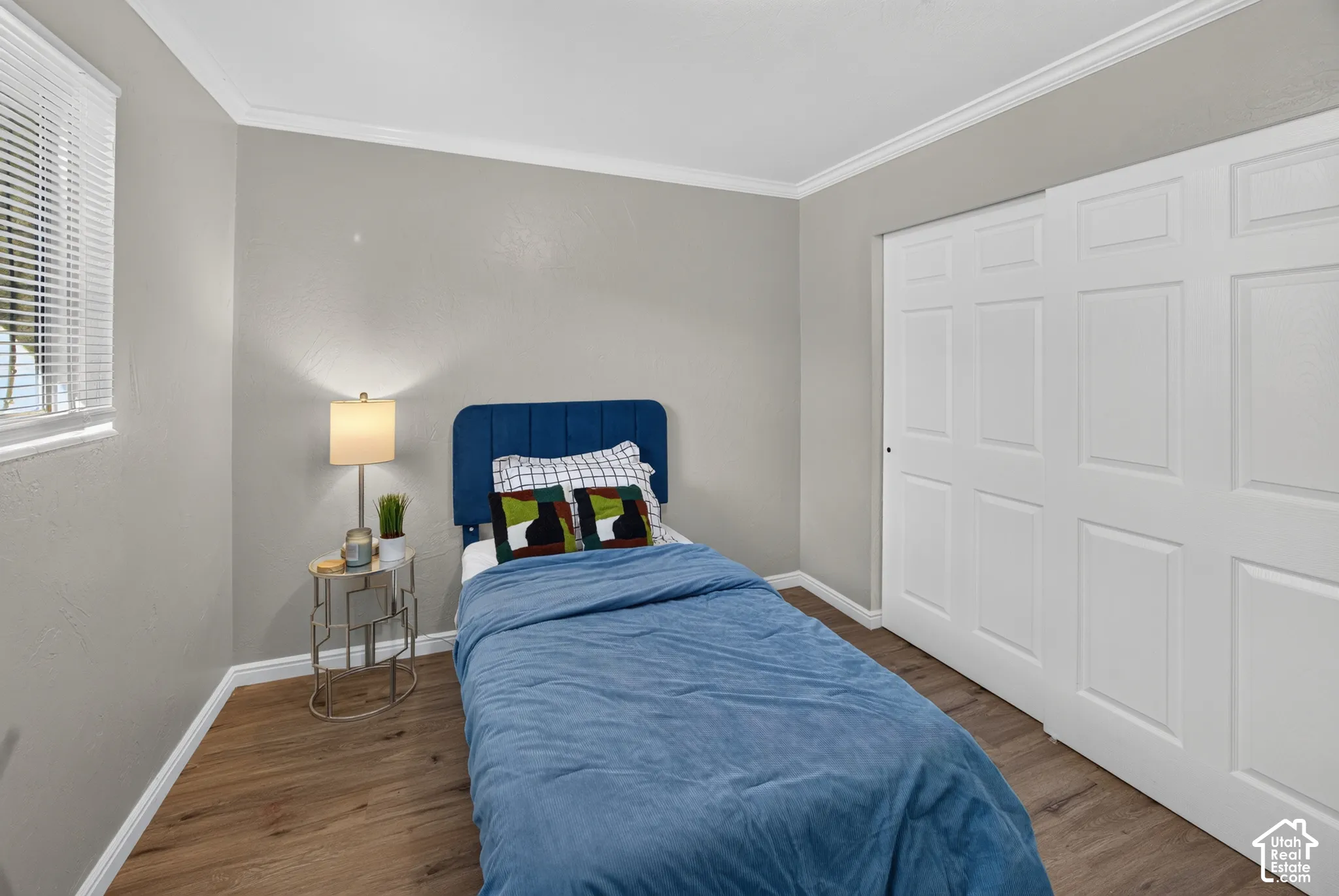 Neutral-toned walls, wood-finish flooring, crown molding, and double-panel sliding closet doors