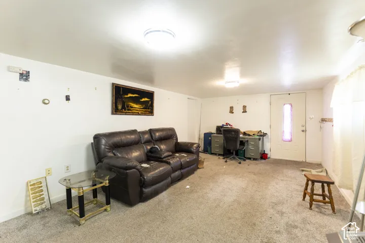 Interior space featuring neutral wall tones, wall-to-wall carpeting, flush-mount ceiling lighting, and a white entry door with an integrated glass panel