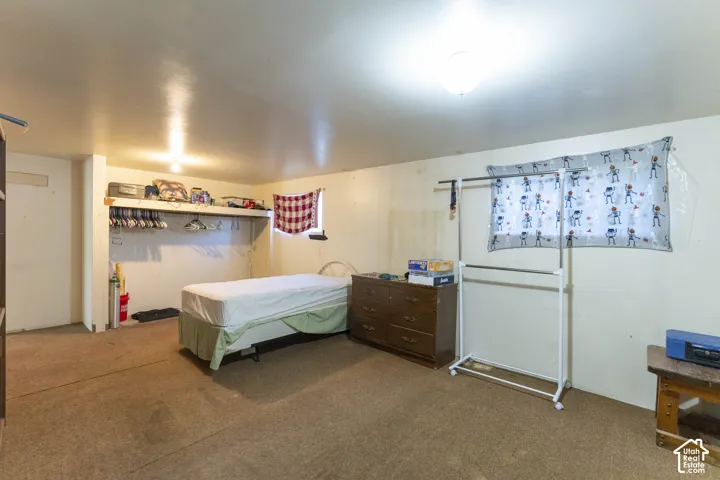 Interior room featuring neutral wall finishes, integrated shelving, and carpet flooring