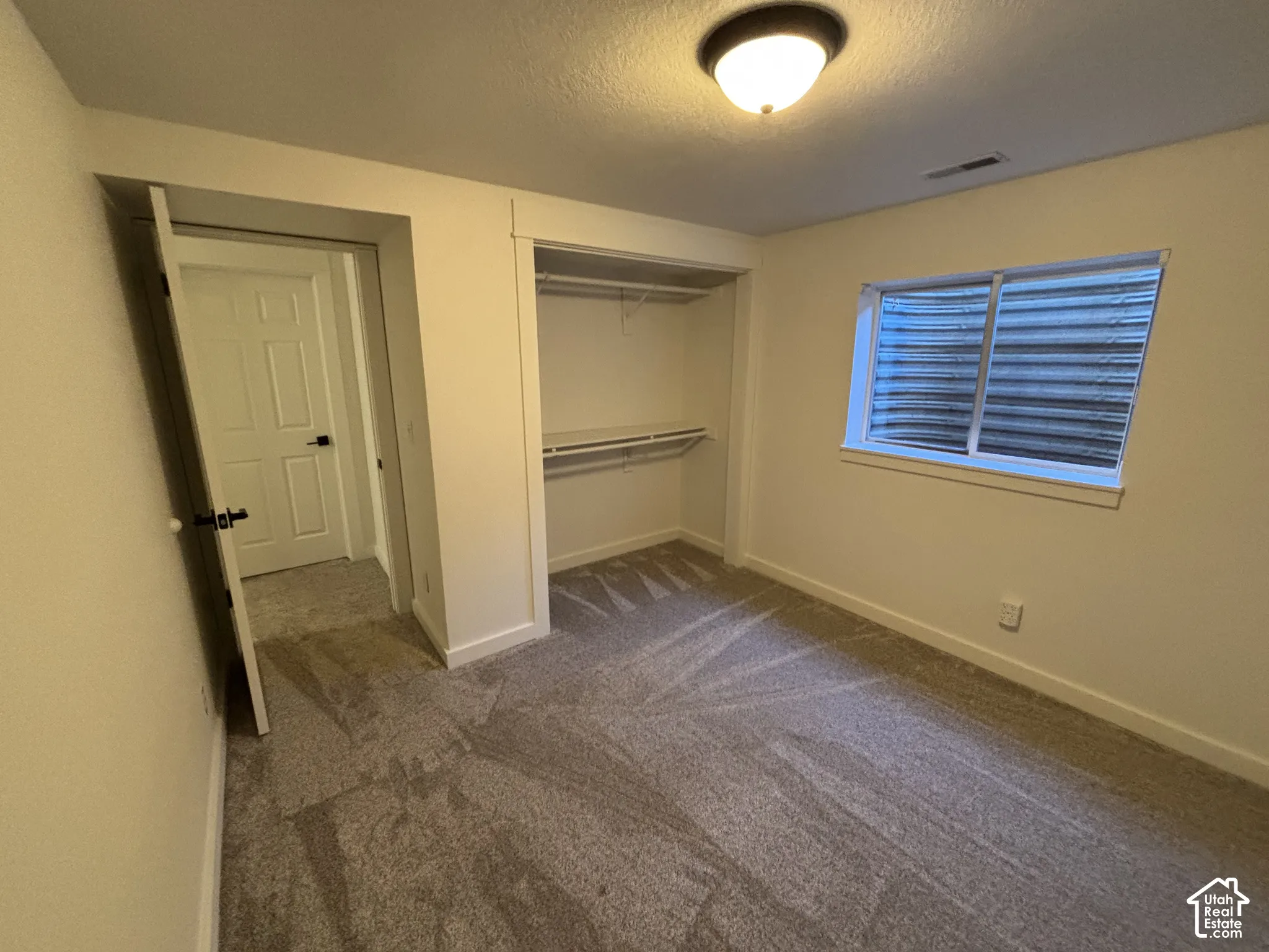 Neutral-toned carpeting, built-in closet shelving, interior panel door, ceiling-mounted light fixture, and an egress window