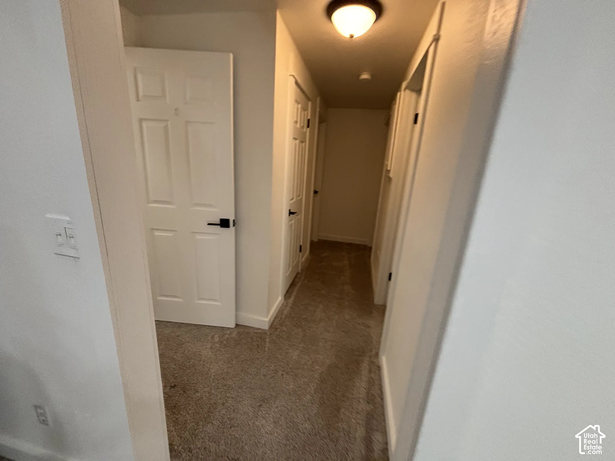 Hallway featuring neutral-toned carpeting, six-panel interior doors with matte black hardware, and a flush-mount ceiling light fixture