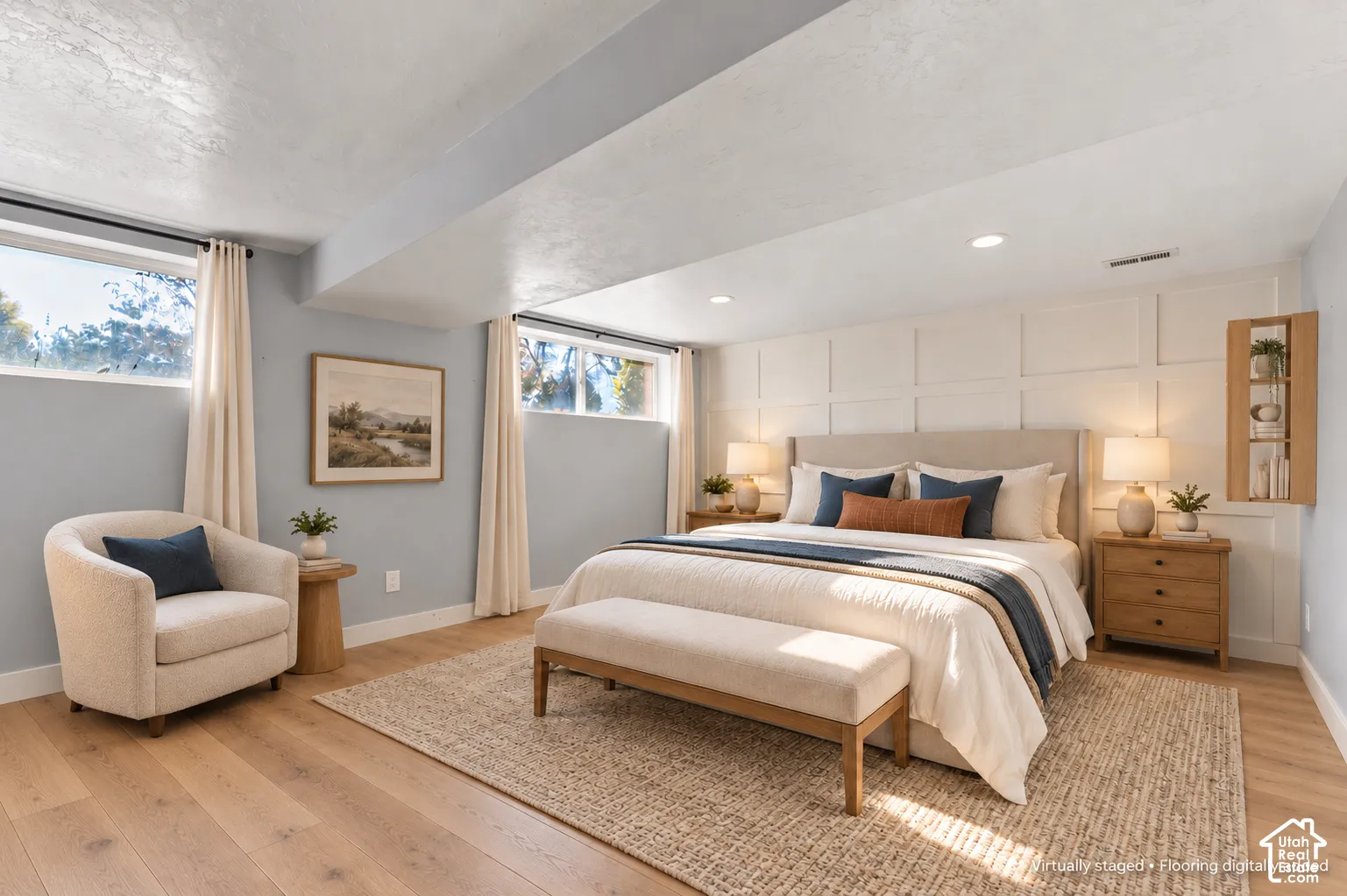 Bedroom featuring wood-finish flooring, recessed lighting, and grid-pattern wall molding