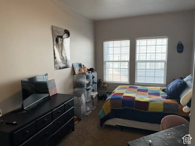 Neutral interior featuring carpeting and two windows with horizontal blinds