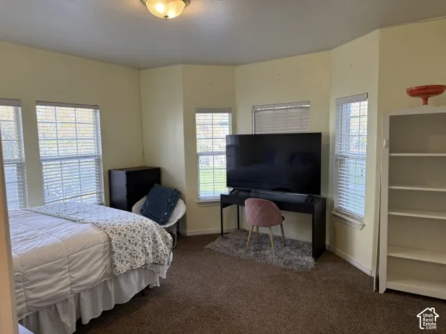 Spacious room featuring neutral wall tones, wall-to-wall carpeting, multiple windows with horizontal blinds, a bay window configuration, and a flush-mount light fixture