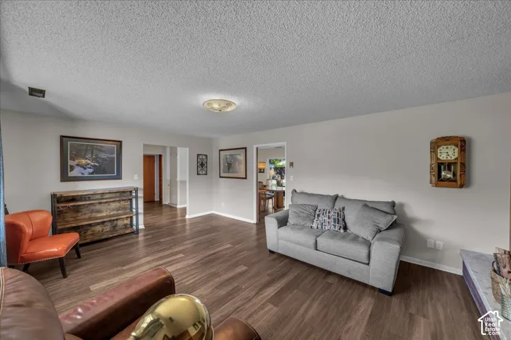 Living area featuring wood-finish flooring, textured ceiling, flush-mount lighting, and neutral wall paint
