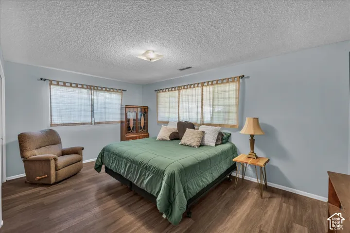 Wood-finish flooring, dual windows with woven shades, and a center flush-mount light fixture