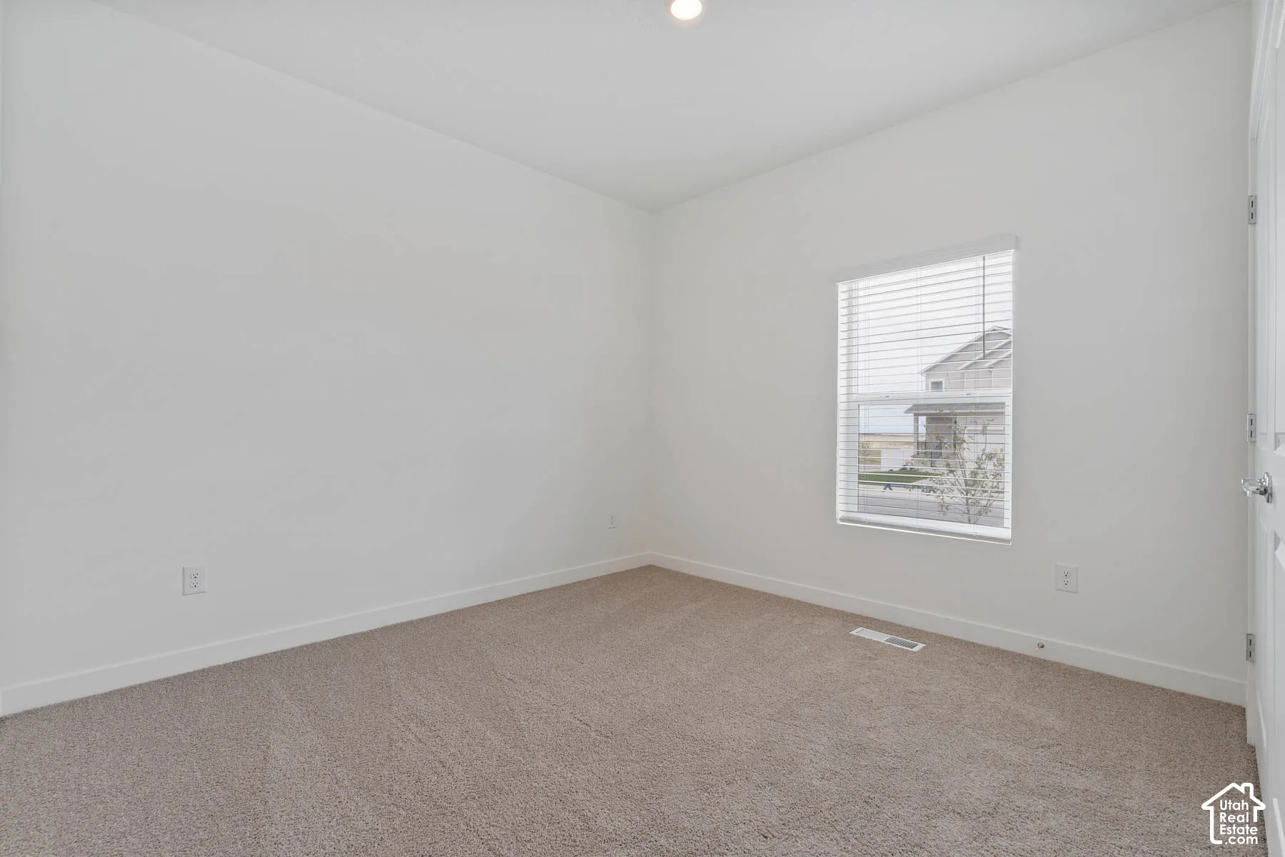 Neutral-toned carpet flooring, crisp white walls, single-panel interior door, and window with horizontal blinds