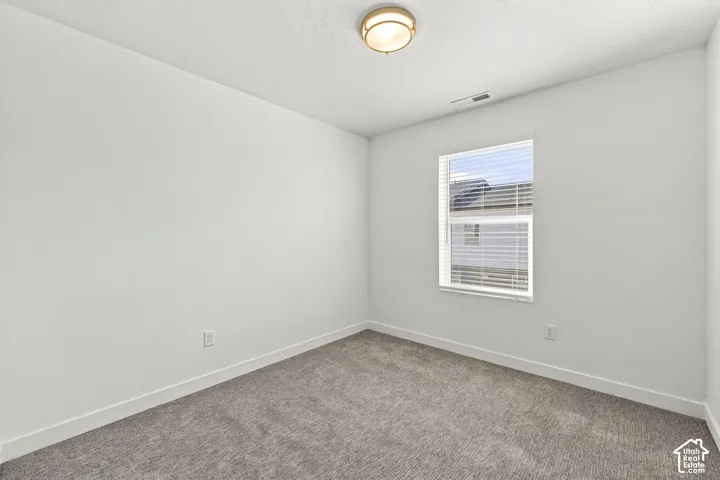 Neutral-toned wall-to-wall carpeting, single-pane window with horizontal blinds, and flush-mount overhead lighting