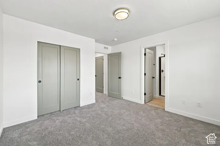 Neutral-toned carpeting, sliding closet doors, shaker-style interior doors with matte black hardware, and a flush-mount ceiling light fixture