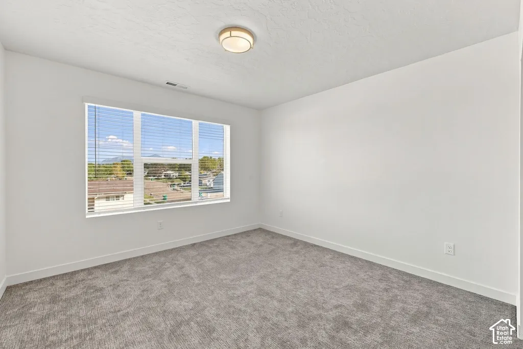 Neutral-toned carpeted flooring, white interior walls, and a large multi-pane window featuring mountain scenery