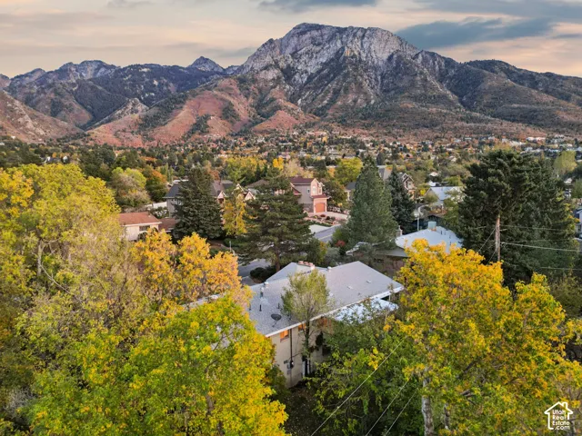 Aerial perspective featuring a multi-story residence nestled within a mature landscape of deciduous and evergreen trees, backdropped by a prominent mountain range