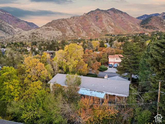 Aerial perspective featuring mountain terrain, mature deciduous trees, a gabled roofline, and an attached porch with decorative lattice support