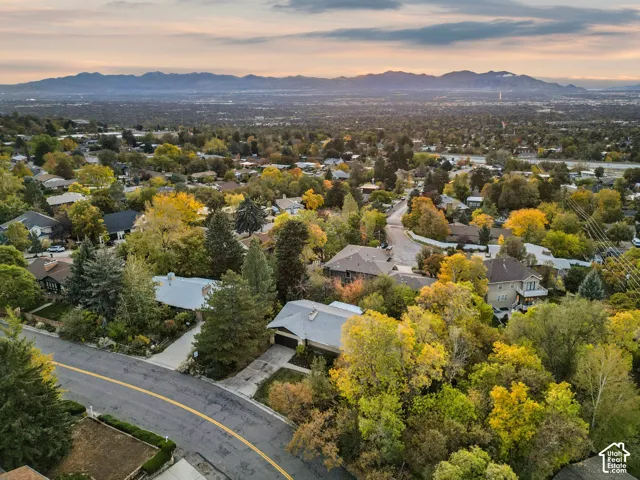 Aerial perspective of residential neighborhood featuring mature trees and expansive mountain range backdrop