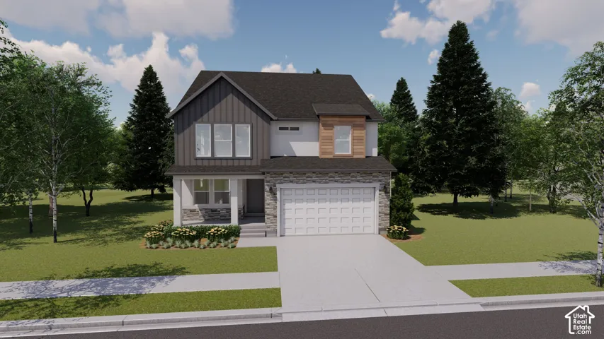 Two-story exterior featuring a mix of vertical board-and-batten siding, stone veneer accents, wood-tone paneling, a covered front porch, and an attached two-car garage