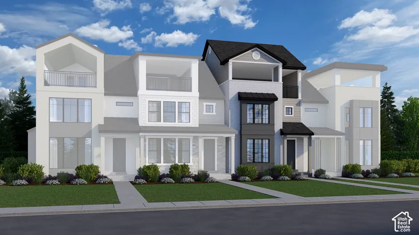 Modern multi-level exterior featuring mixed-material siding, expansive upper-level balconies, oversized windows, and a landscaped front lawn