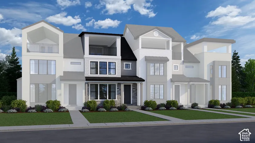 Multi-unit exterior featuring a blend of stone and siding, multi-level balconies with metal railings, and diverse roofline profiles