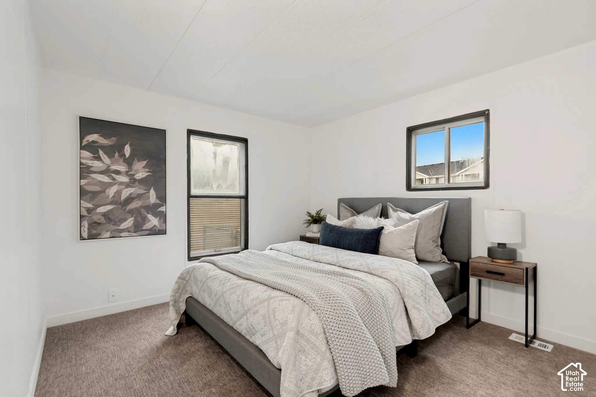 Neutral-toned wall finish, wall-to-wall carpeting, and sliding windows with dark trim