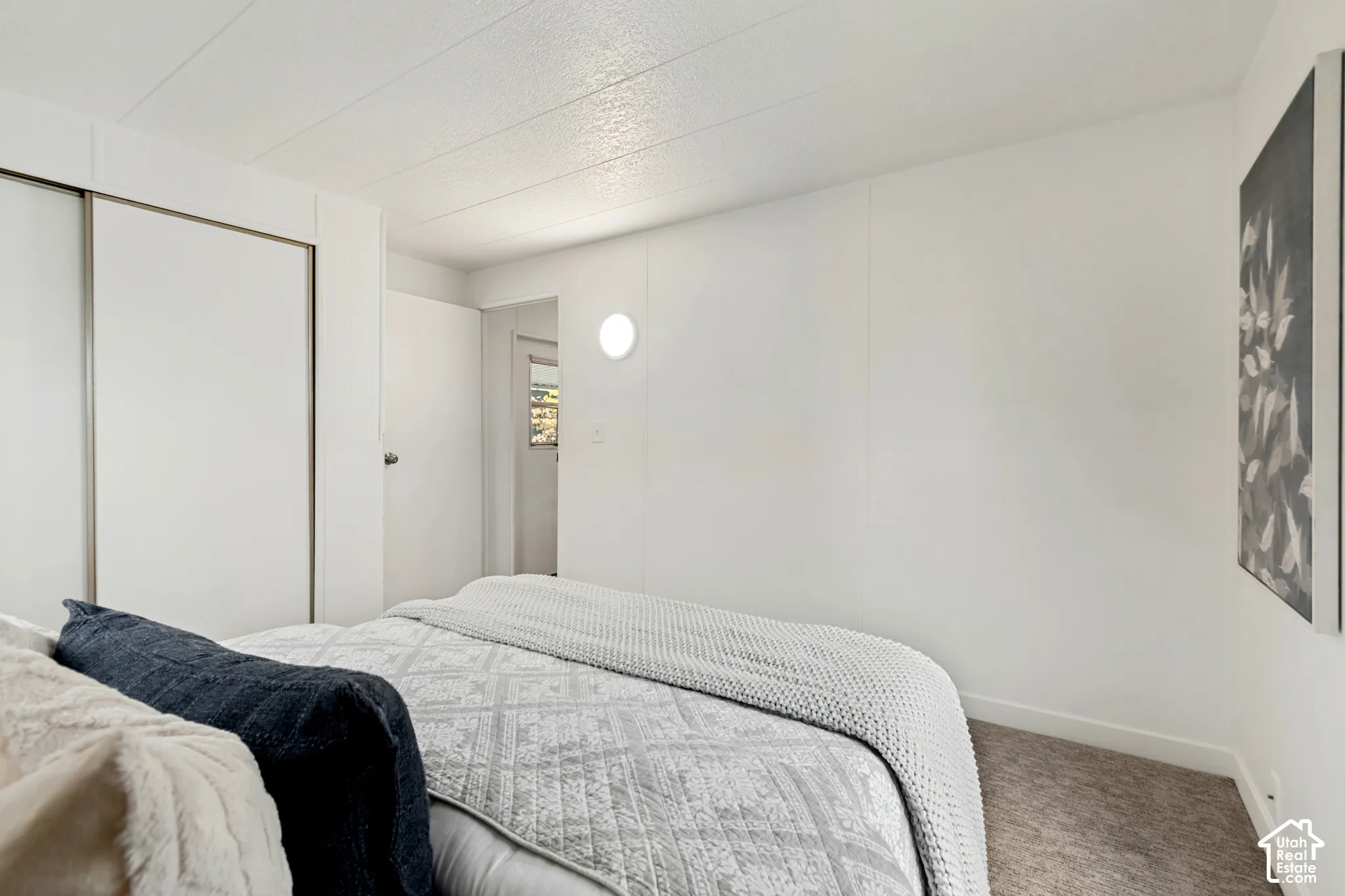 Room featuring neutral wall finishes, carpeting, a ceiling-mounted circular light fixture, and a built-in closet with sliding doors