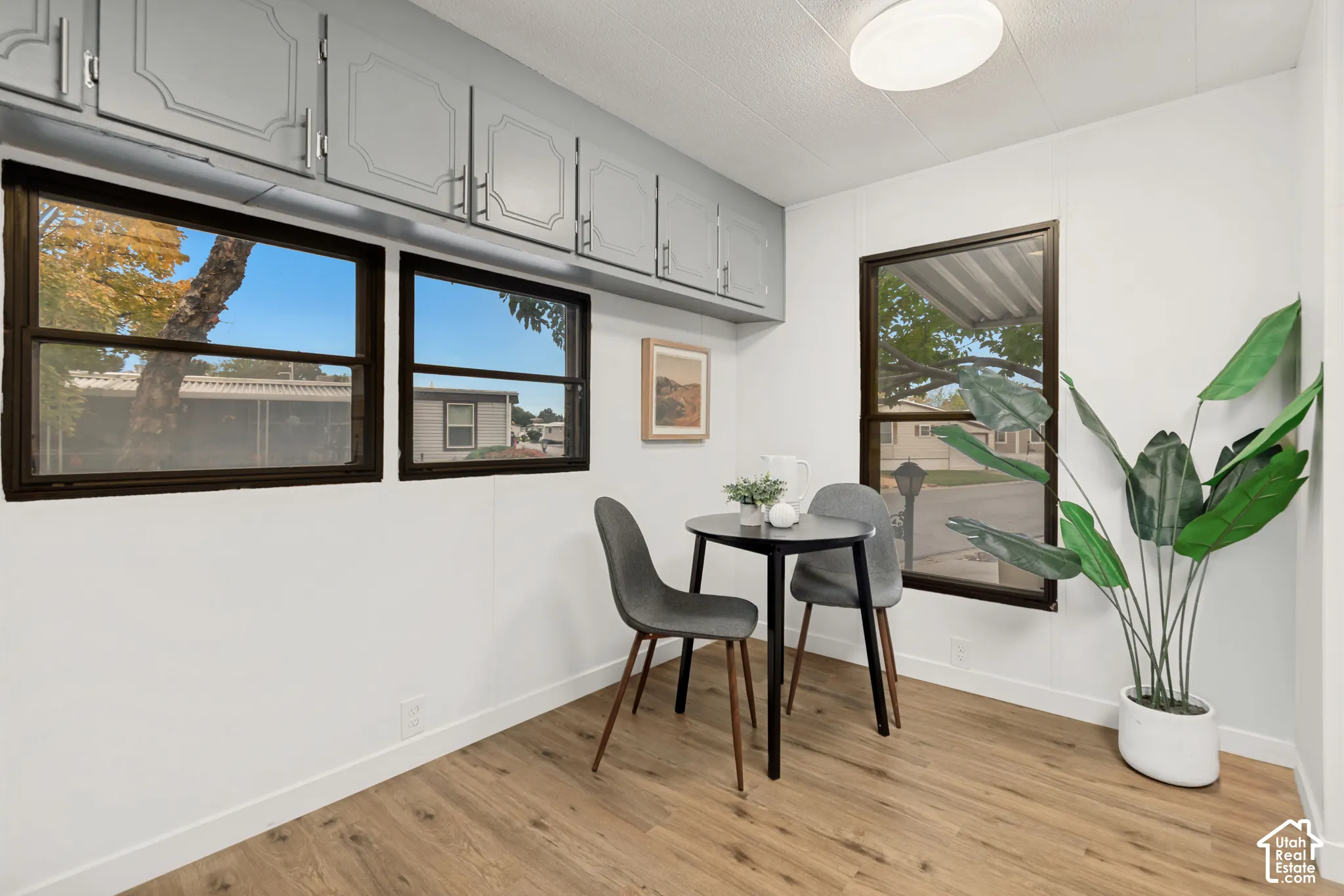 Wood-finish flooring, light gray cabinetry with recessed panel doors, three large windows with dark trim, and a flush-mount overhead light fixture