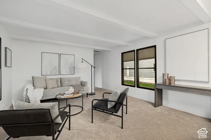 Living area featuring neutral carpeting, white walls, dark-framed dual-pane windows, and a ceiling accented with structural beams