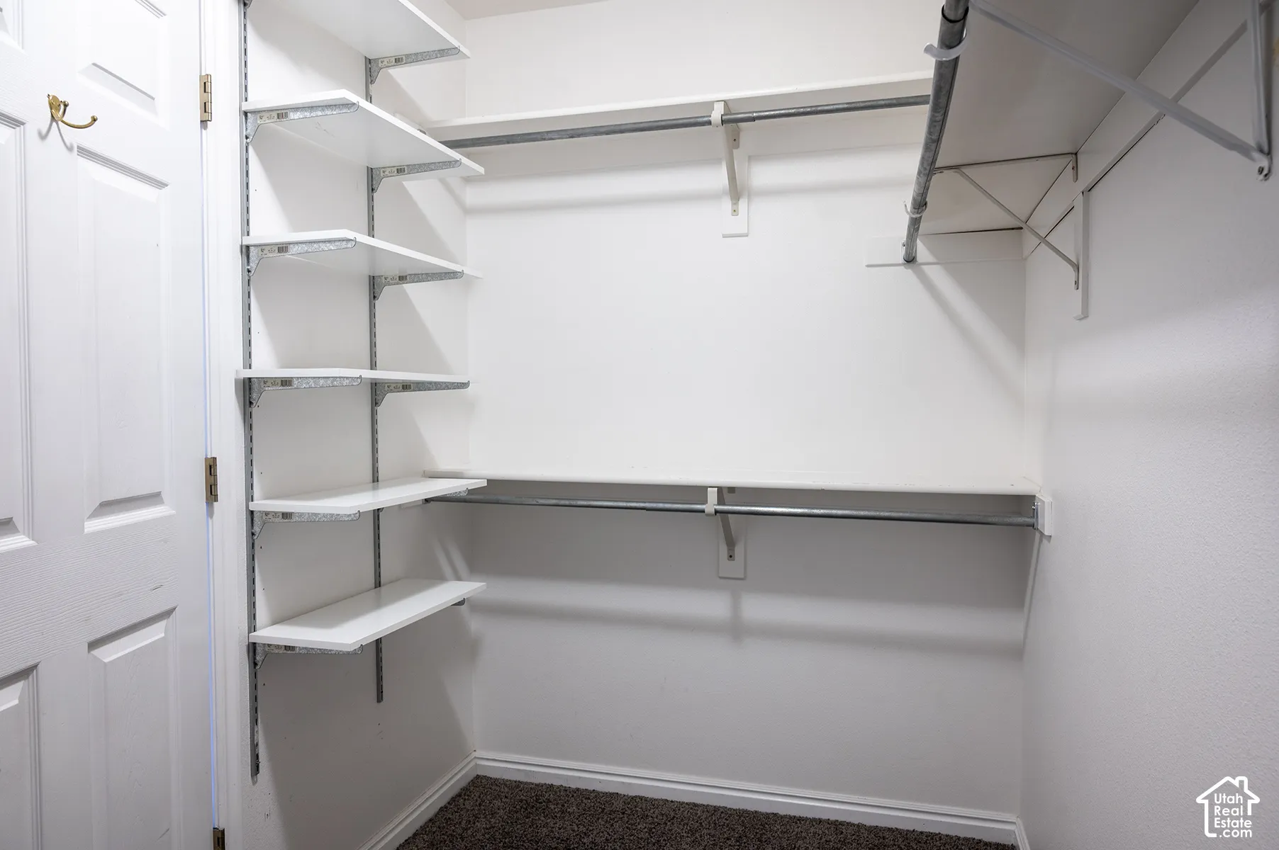 Storage space featuring wall-mounted adjustable white shelving, dual-level metal hanging rods, and carpeted flooring