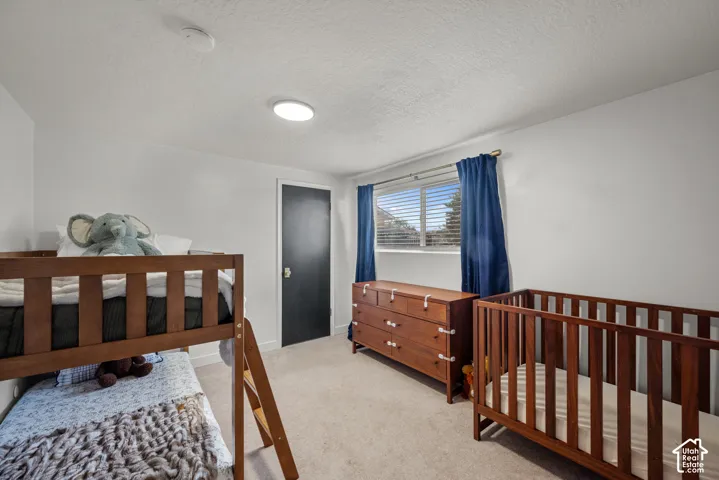 Neutral wall paint, carpeted flooring, sliding window with horizontal blinds, and a solid-core interior door