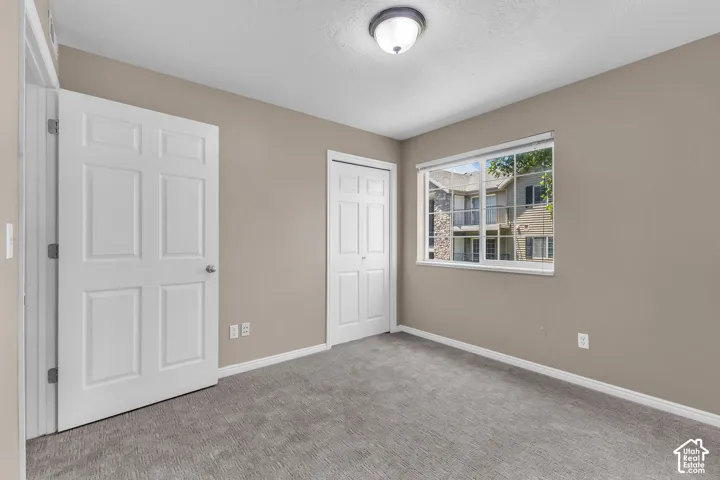 Neutral-toned interior featuring wall-to-wall carpeting, a multi-pane window, and two-panel interior doors with chrome hardware