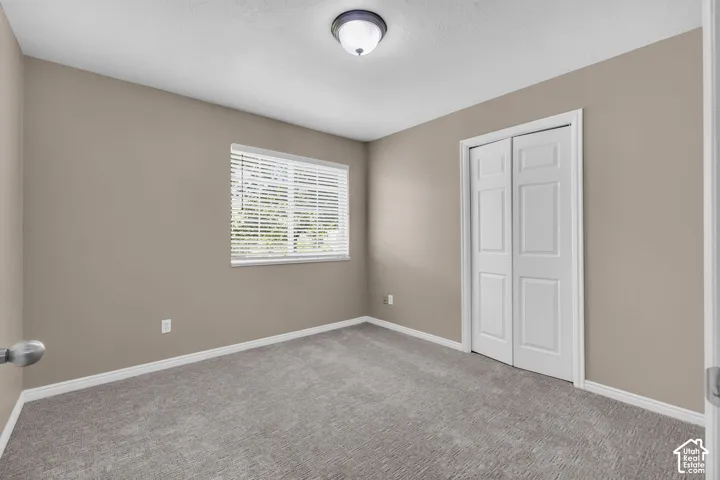 Neutral-toned interior featuring wall-to-wall carpeting, a double-door closet, a single-panel window with horizontal blinds, and a flush-mount ceiling light fixture